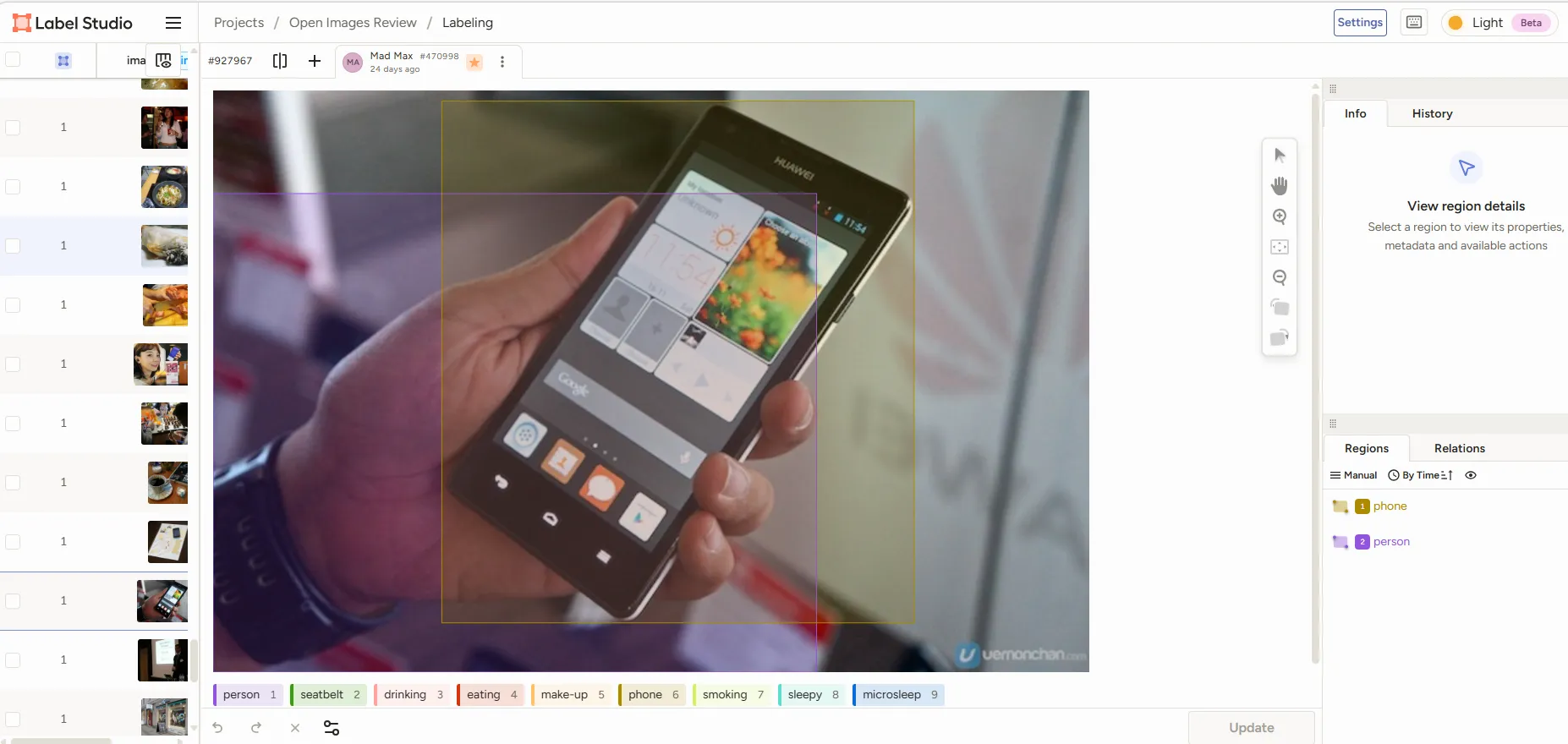 Close-up of a hand holding a Huawei smartphone showing app tiles, with yellow labeling boxes in a review tool overhead view.