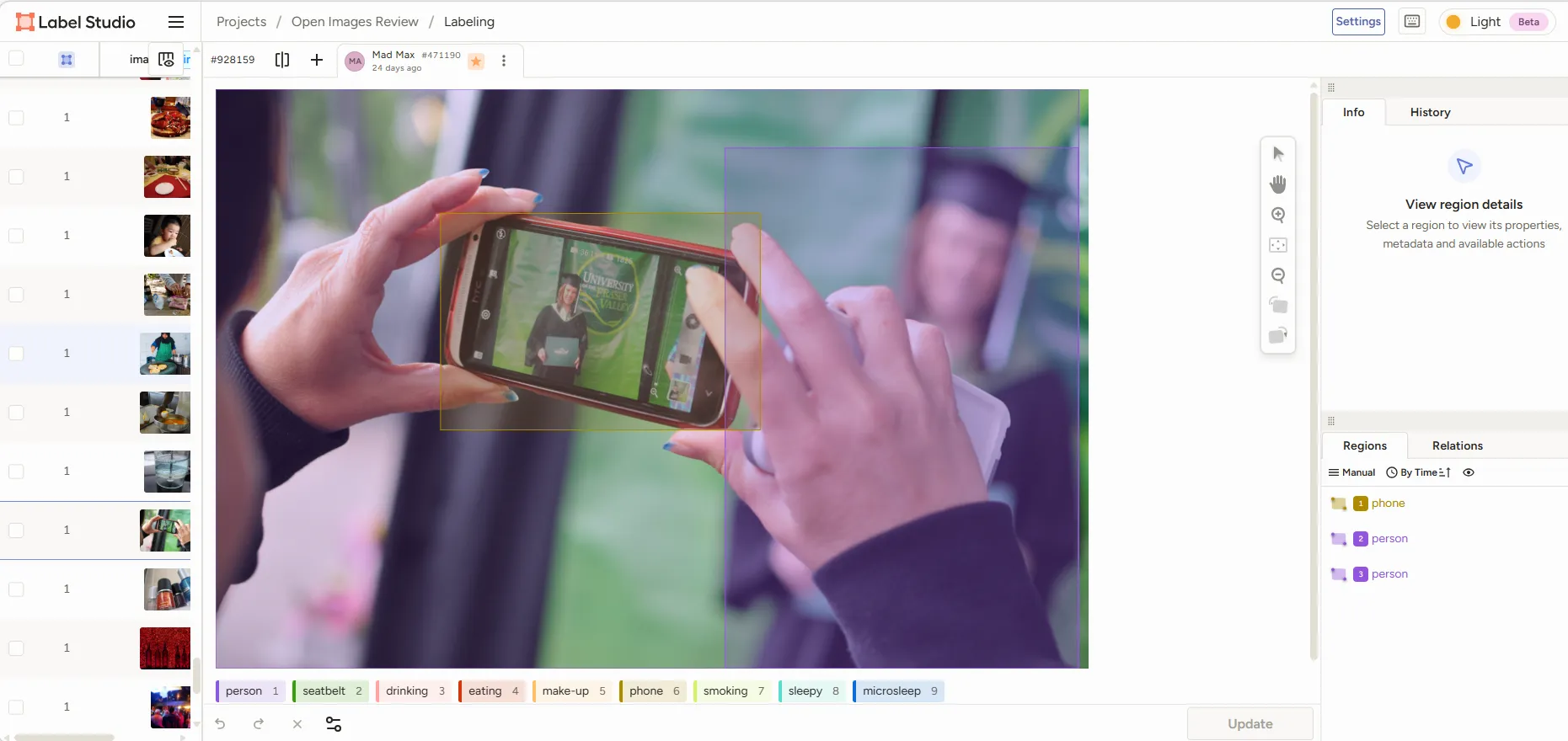 Screenshot of a labeling tool UI (Label Studio) showing a photo of hands holding a smartphone with colored bounding boxes over the phone image and a sidebar of thumbnails on the left