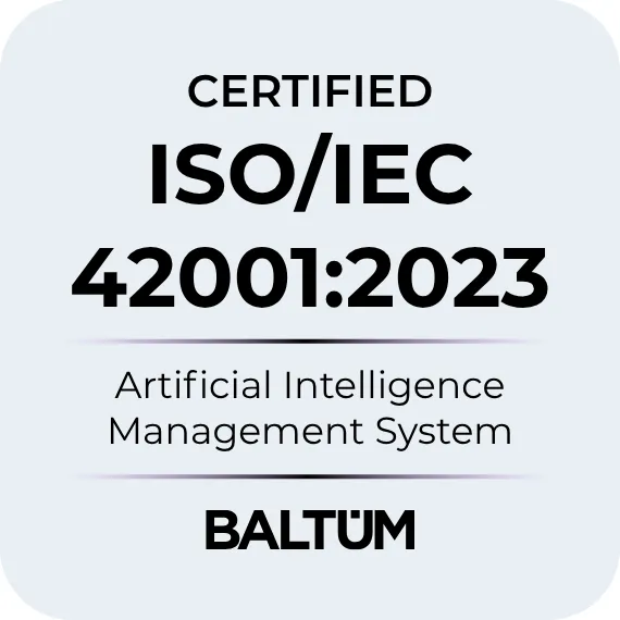 Certification badge: ISO/IEC 42001:2023 for Artificial Intelligence Management System by Baltum.