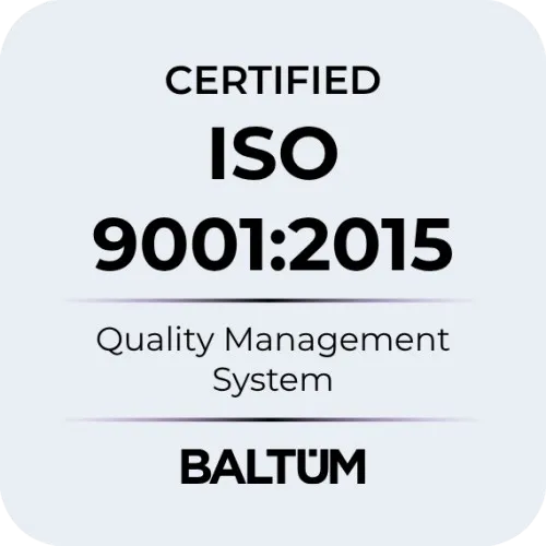 Certified ISO 9001:2015 Quality Management System badge from Baltum